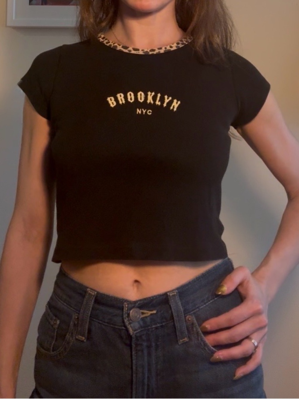 Brandy Melville John Galt Brooklyn NYC Cheetah Trim Cropped Tee Black OS